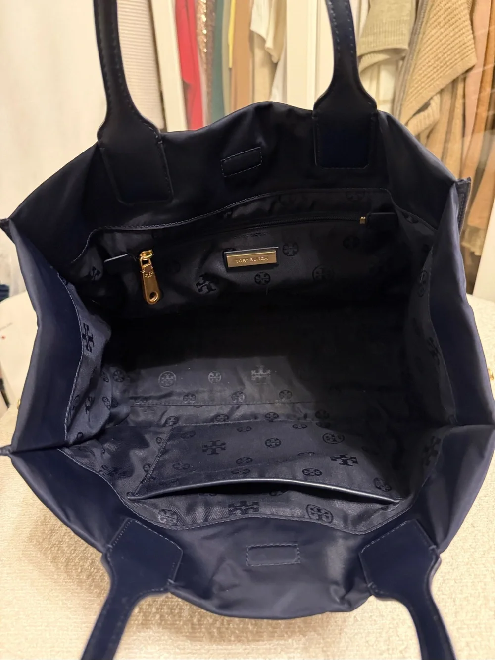 Tory Burch Small Navy Ella Tote with Leather Trim